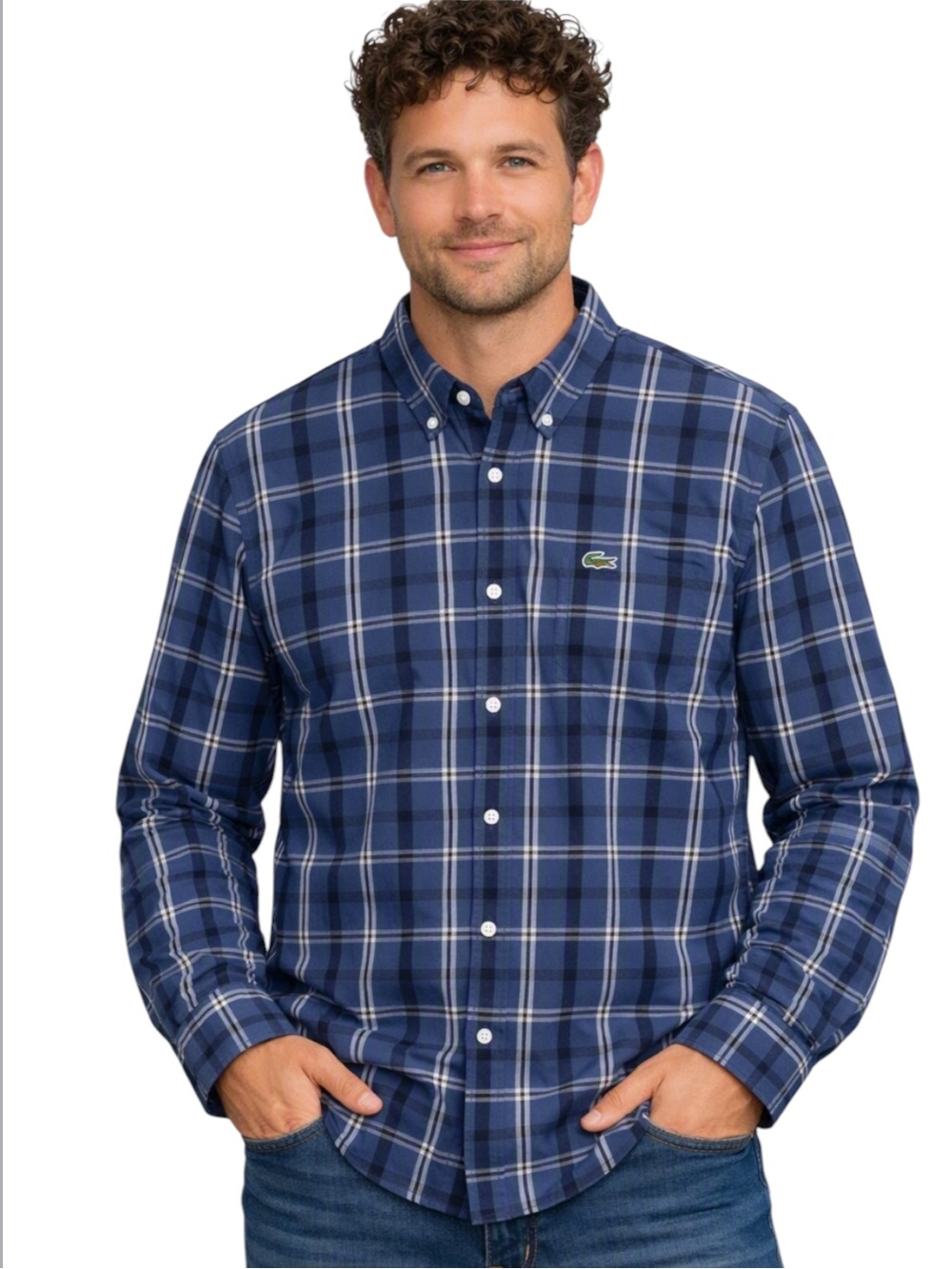 Lacoste Mens Blue Plaid Long Sleeve Button Down Shirt Crocodile XL
U